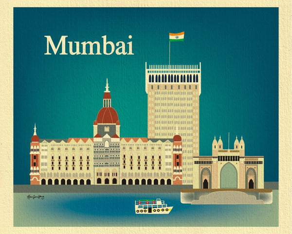 Mumbai skyline poster, 11x14, large India poster print, handcrafted Mumbai gifts, Mumbai souvenirs, Loose Petals city art by Karen Young, Mumbai wedding gift, Mumbai Nursery gift, Mumbai poster prints, Indian Housewarming Art Gift, India Retro Travel Poster